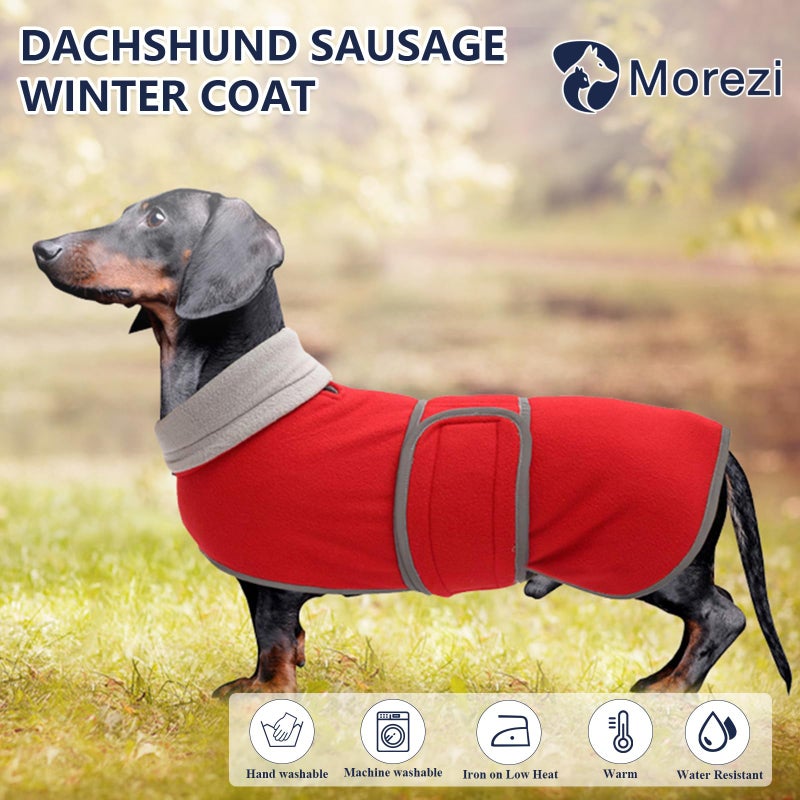Morezi Dachshund Coats Sausage Dog Fleece Coat in Winter Miniature Dachshund Clothes with Hook and Loop Closure and high vis Reflective Trim Safety - Red - S - Image 2